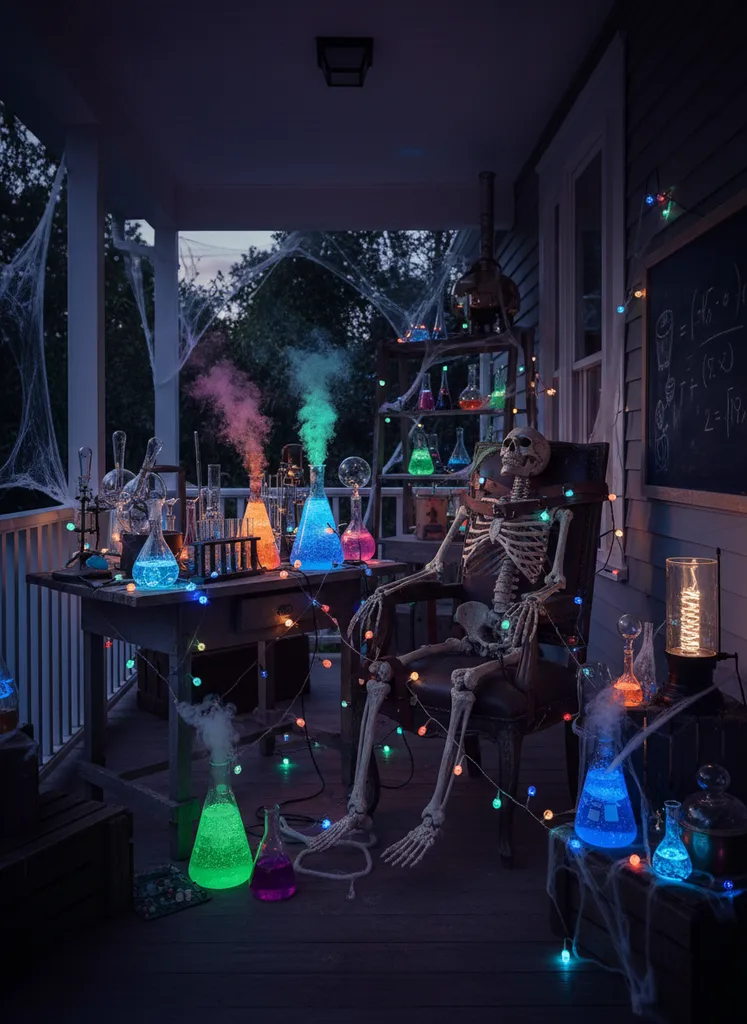 Mad scientist's lab porch decor with bubbling beakers, wires, and skeletal figure