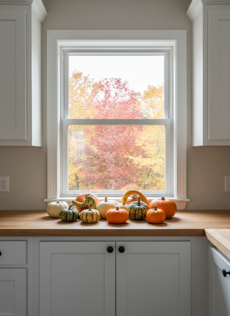 Kitchen windowsill with mini pumpkins and gourds in fall colors