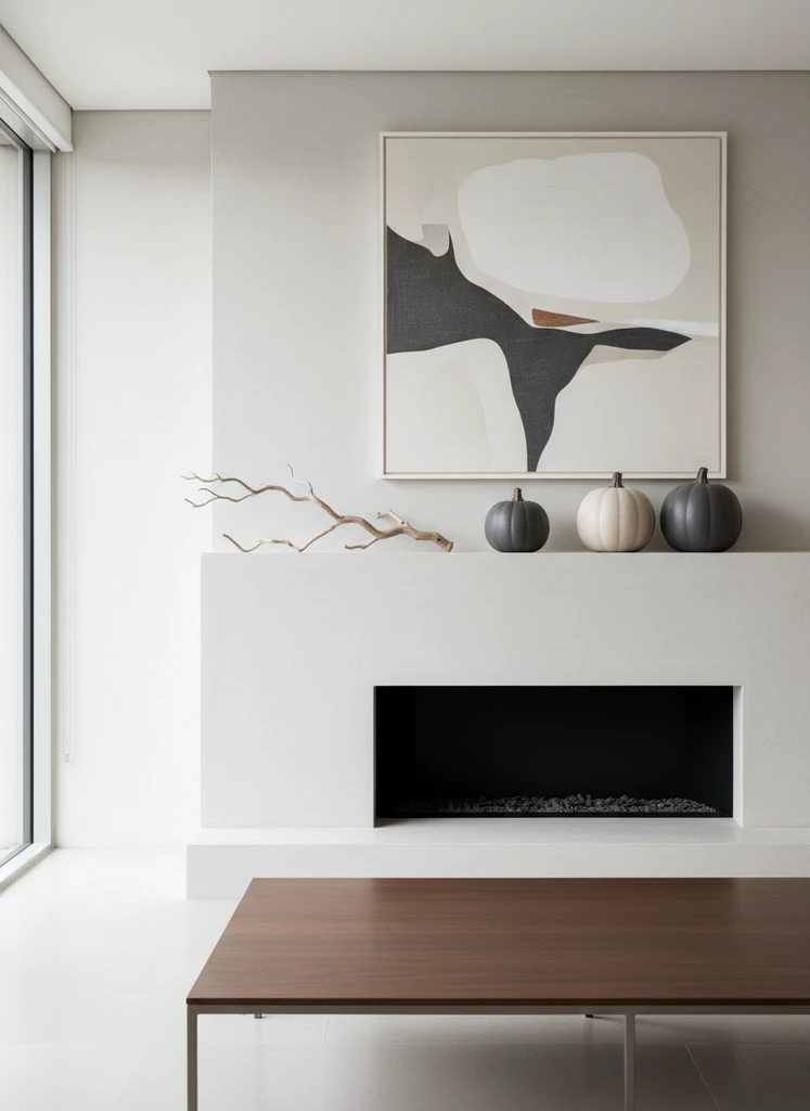 Minimalist fall mantel with gray ceramic pumpkins and sculptural branch