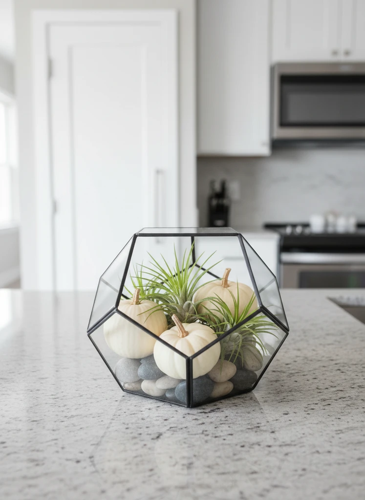 Geometric terrarium with white pumpkins and air plants