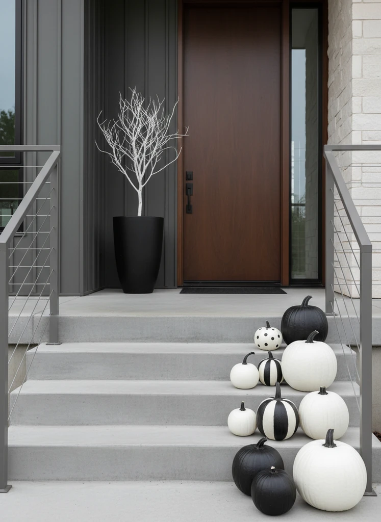 Modern porch with monochrome black and white pumpkins