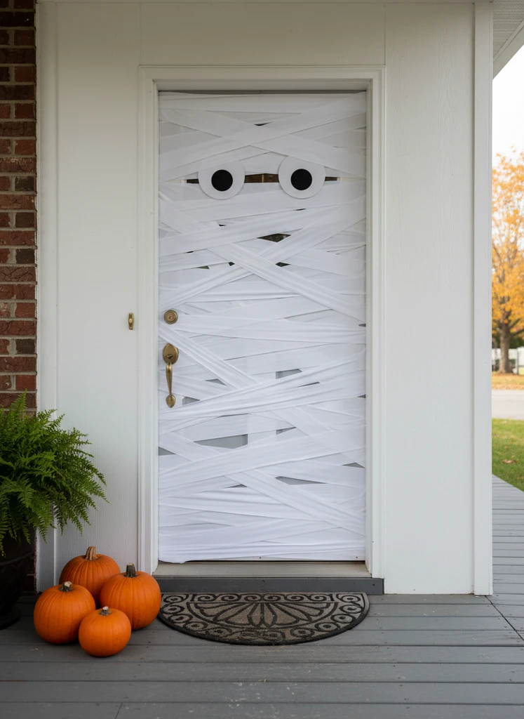 Front door wrapped in white fabric strips to look like a mummy with googly eyes