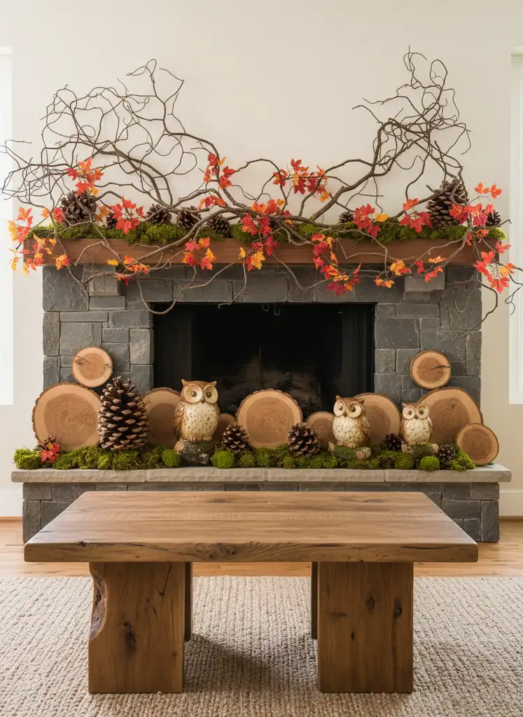 Woodland themed fall mantel with branches, pinecones, and owl figurines