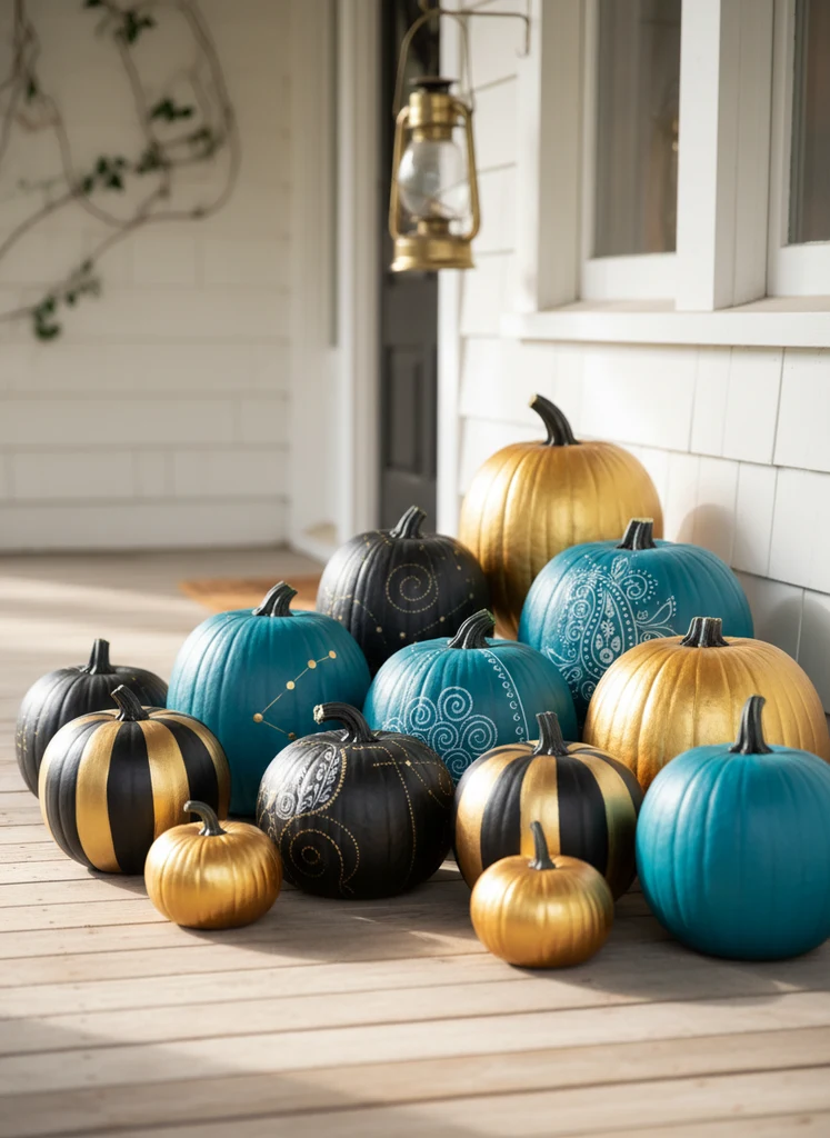 Bright porch with an array of painted pumpkins