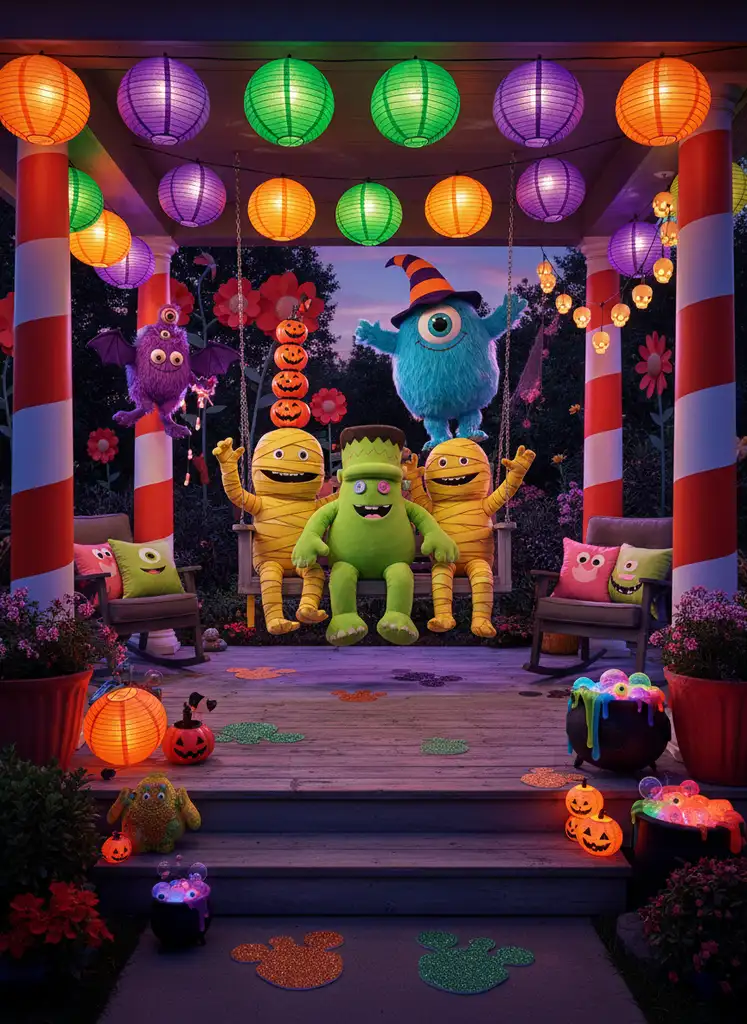 Playful monster mash porch with cartoon monsters, bright colors, and vibrant outdoor lighting