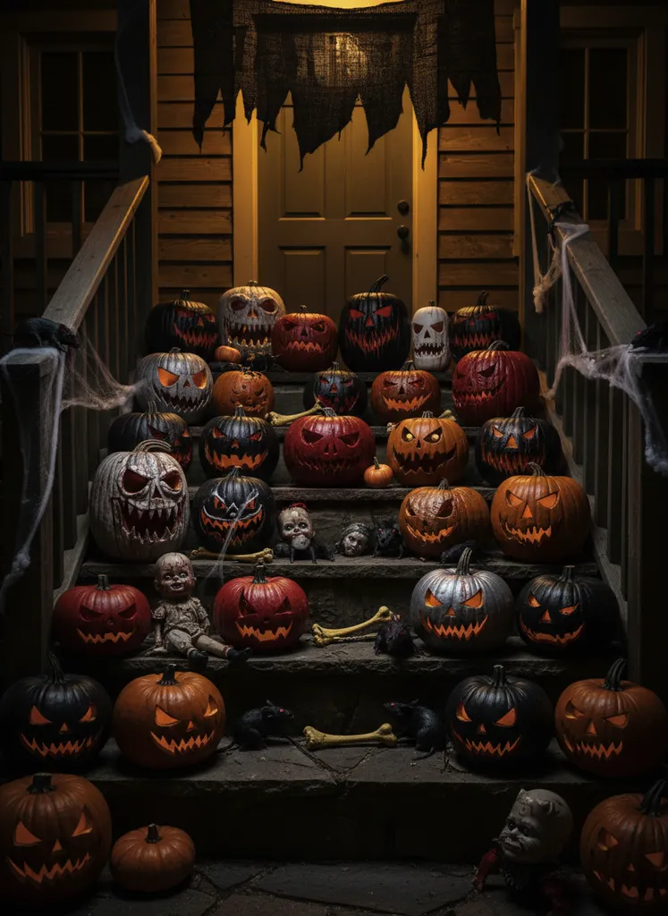 Pumpkin patch of horrors with grotesque carved pumpkins, bones, and rats on a porch