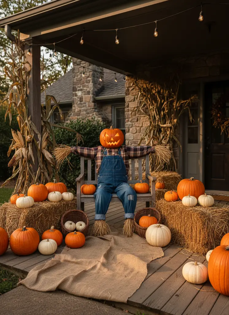 Rustic porch with pumpkin scarecrow and pumpkins
