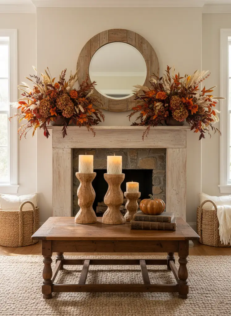 Rustic farmhouse fall mantel with dried flowers and wooden decor