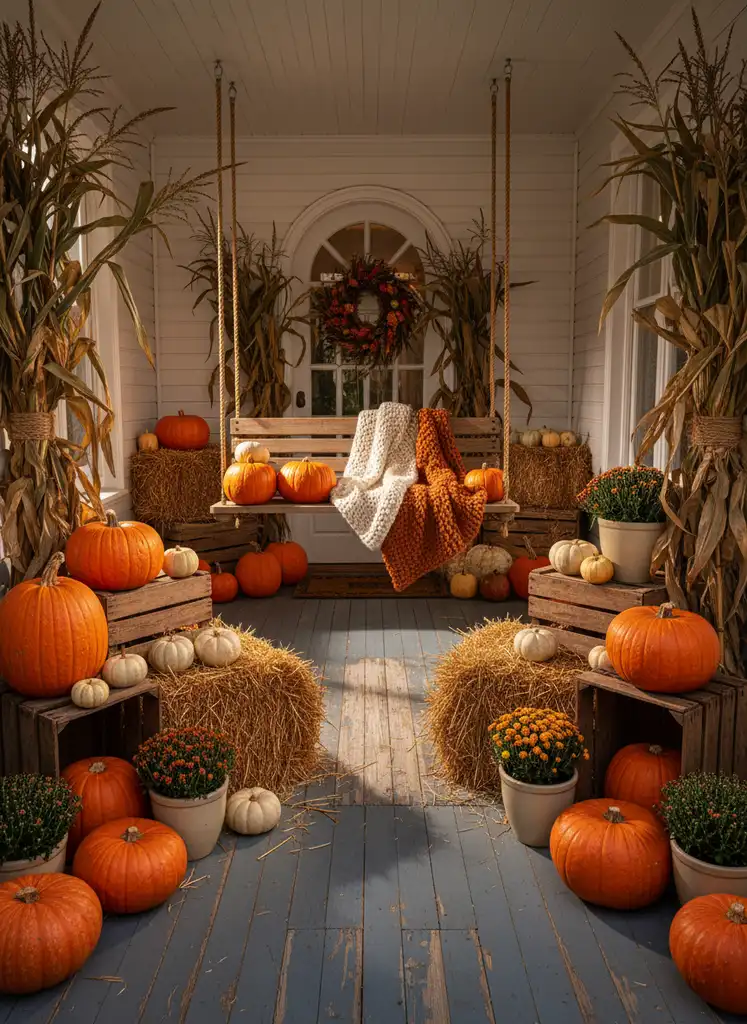 Rustic farmhouse porch with pumpkins, hay bales, and cornstalks