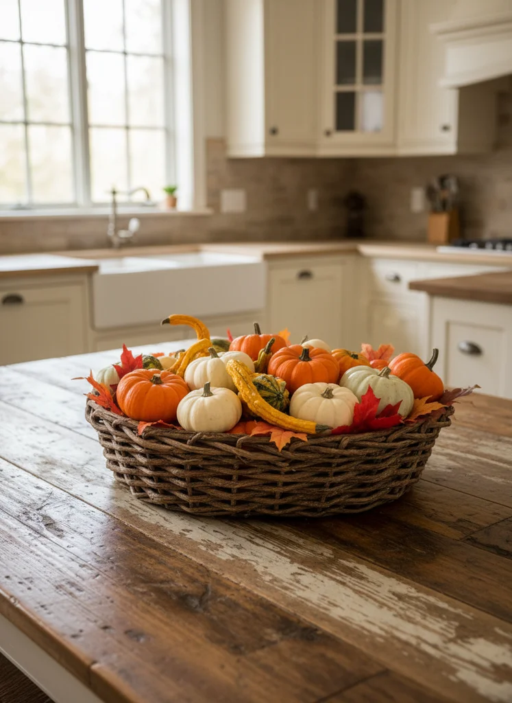 Rustic woven basket with pumpkins and leaves on a kitchen table