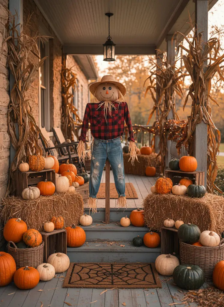 Rustic porch with pumpkins, hay bales, cornstalks, and a scarecrow