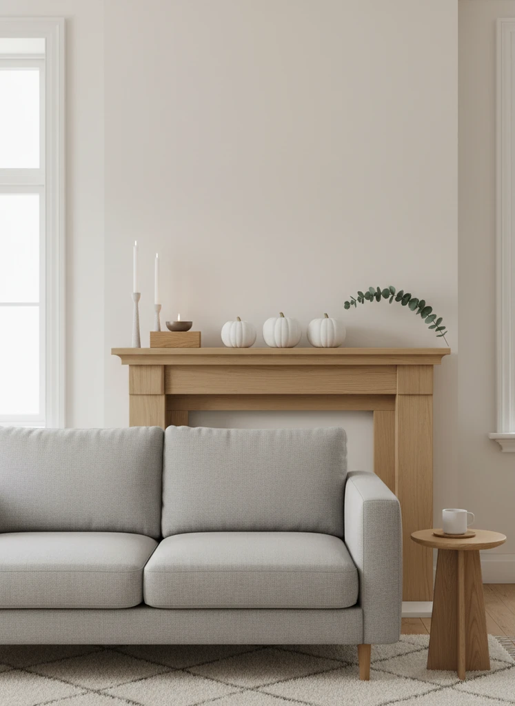 Scandinavian fall mantel with white pumpkins and wood accents