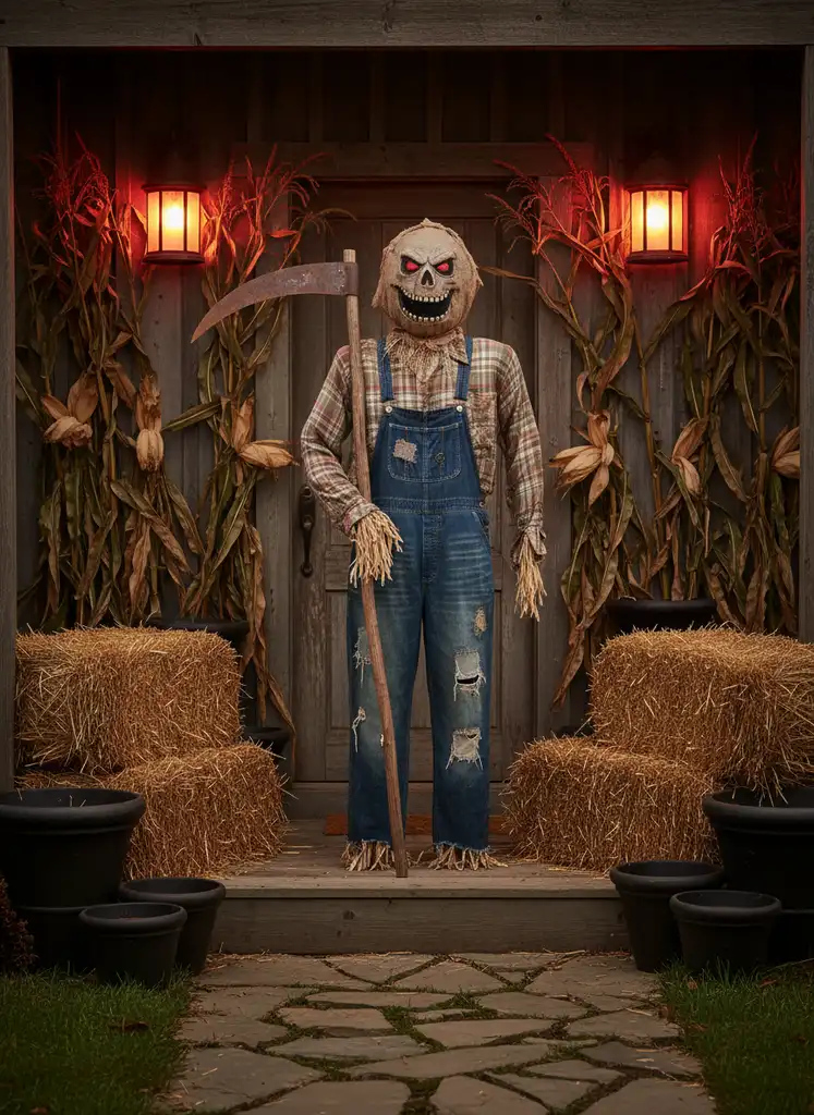 Porch with a sinister scarecrow guard, cornstalks, hay bales, and red lighting