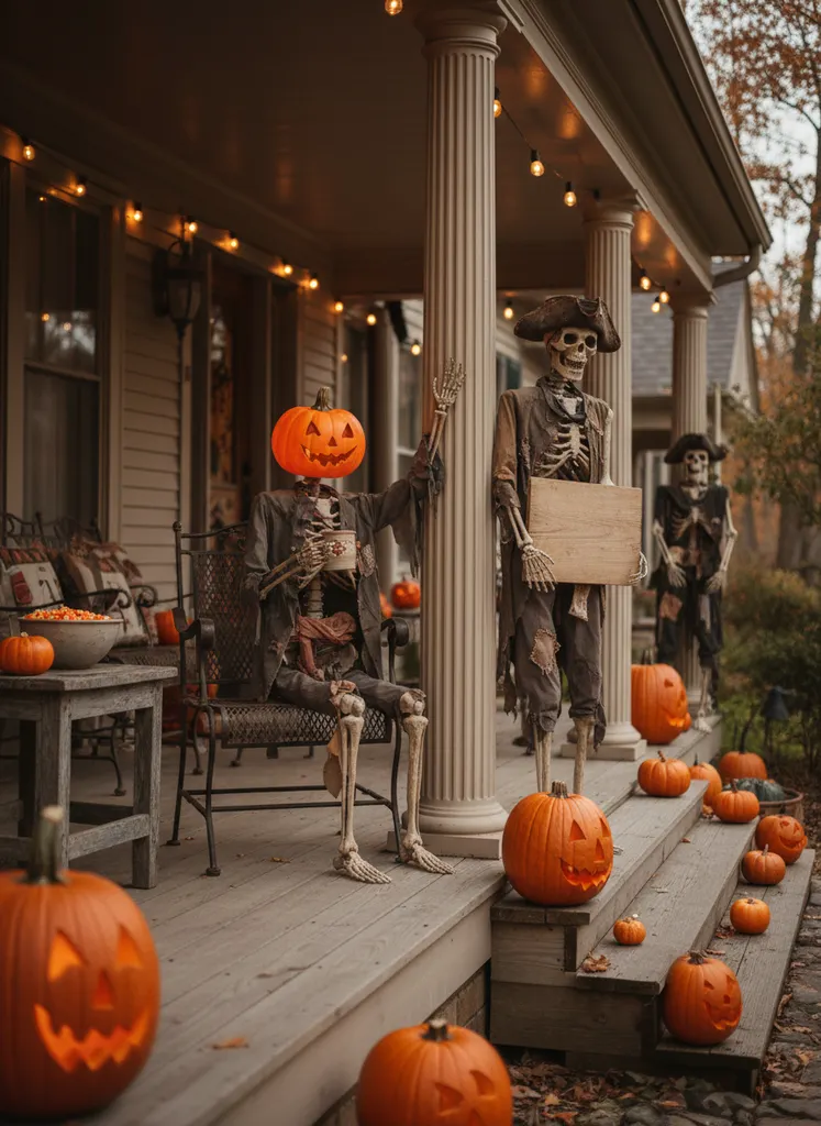 Porch with a skeleton crew in various poses, some on a patio set, with orange lighting