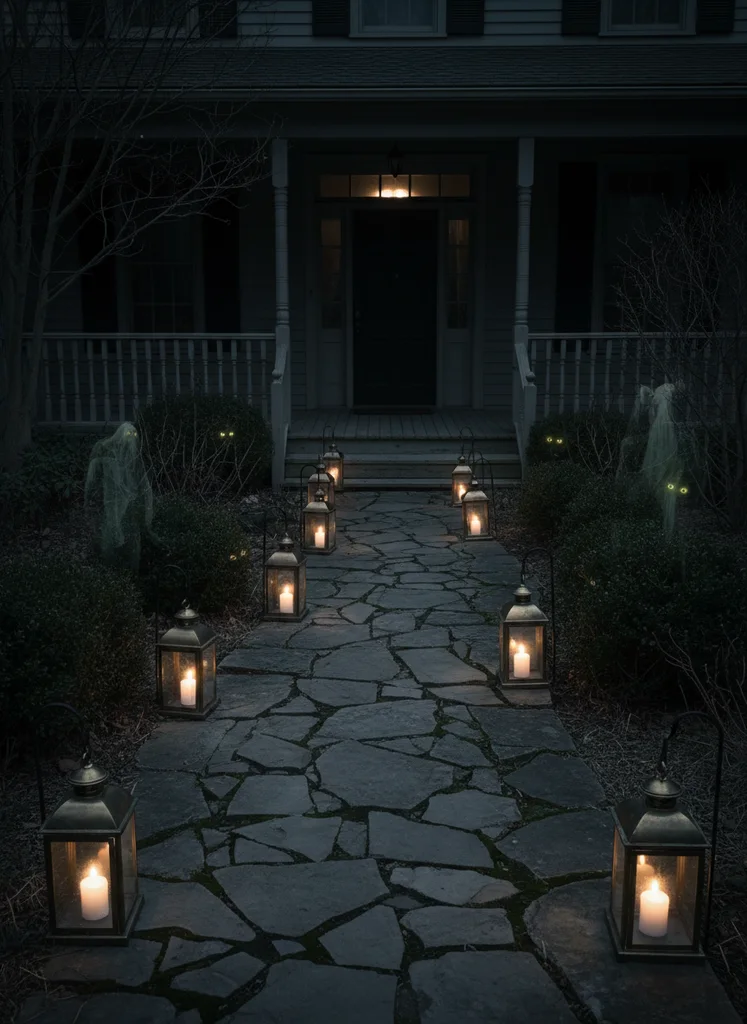 Spectral lantern pathway with antique lanterns and glowing eyes on a porch