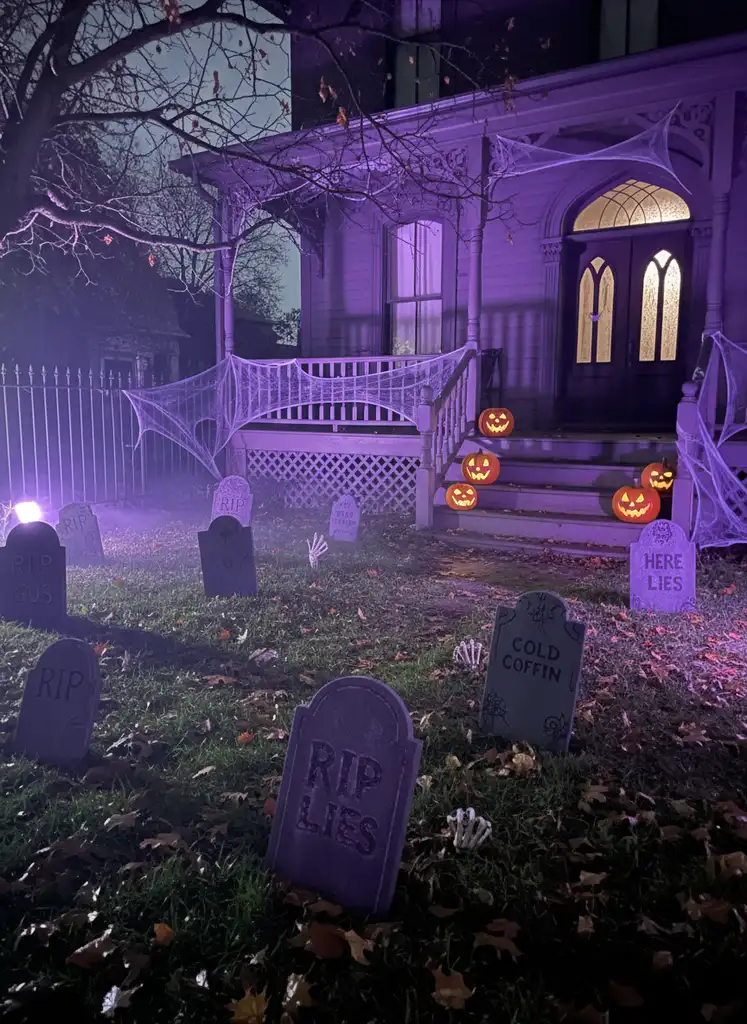 Halloween cemetery scene with foam tombstones, skeletons, and purple lighting