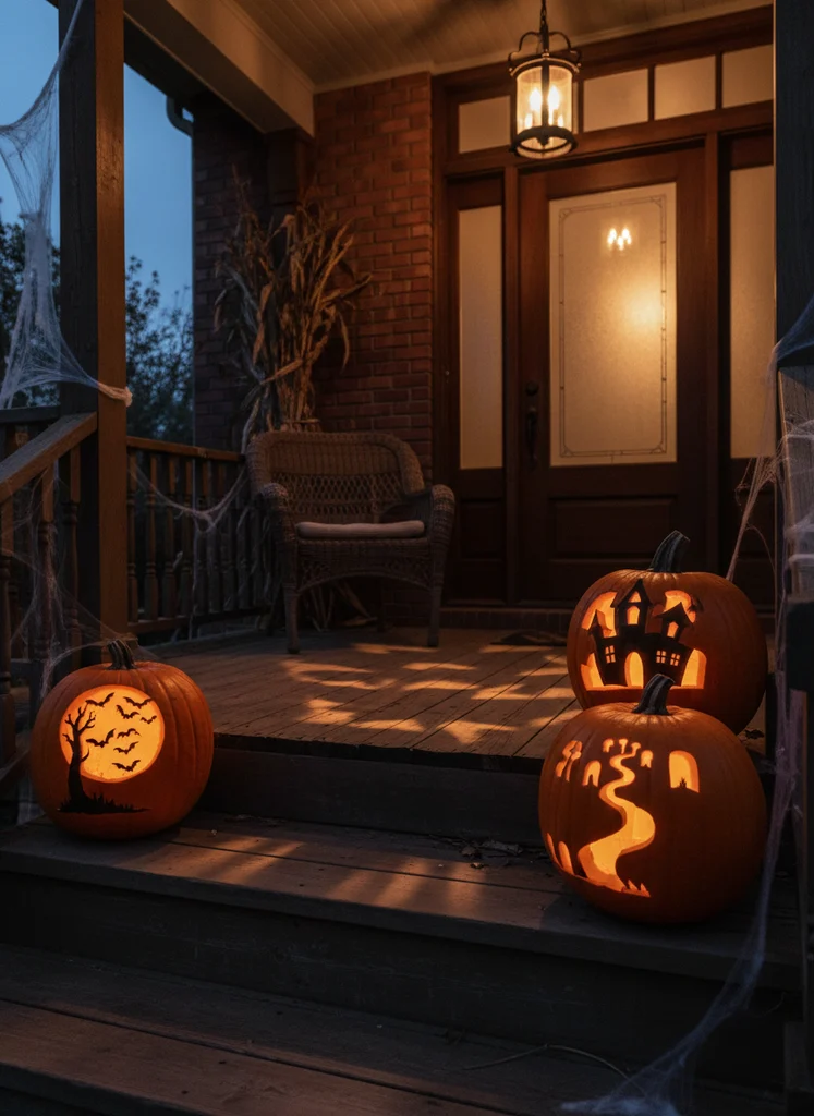 Dark porch with pumpkins carved with spooky silhouettes