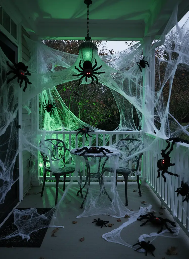 Porch covered in faux spiderwebs, large spiders, and green lighting around a dining table
