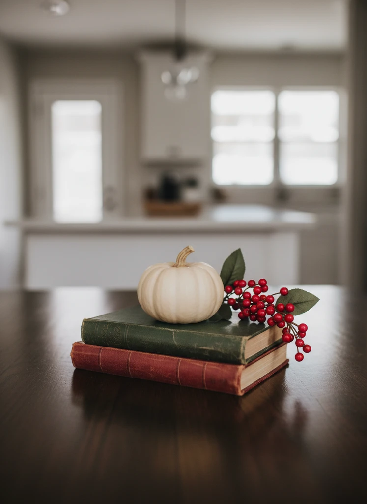 Stacked vintage books with a white pumpkin and berries