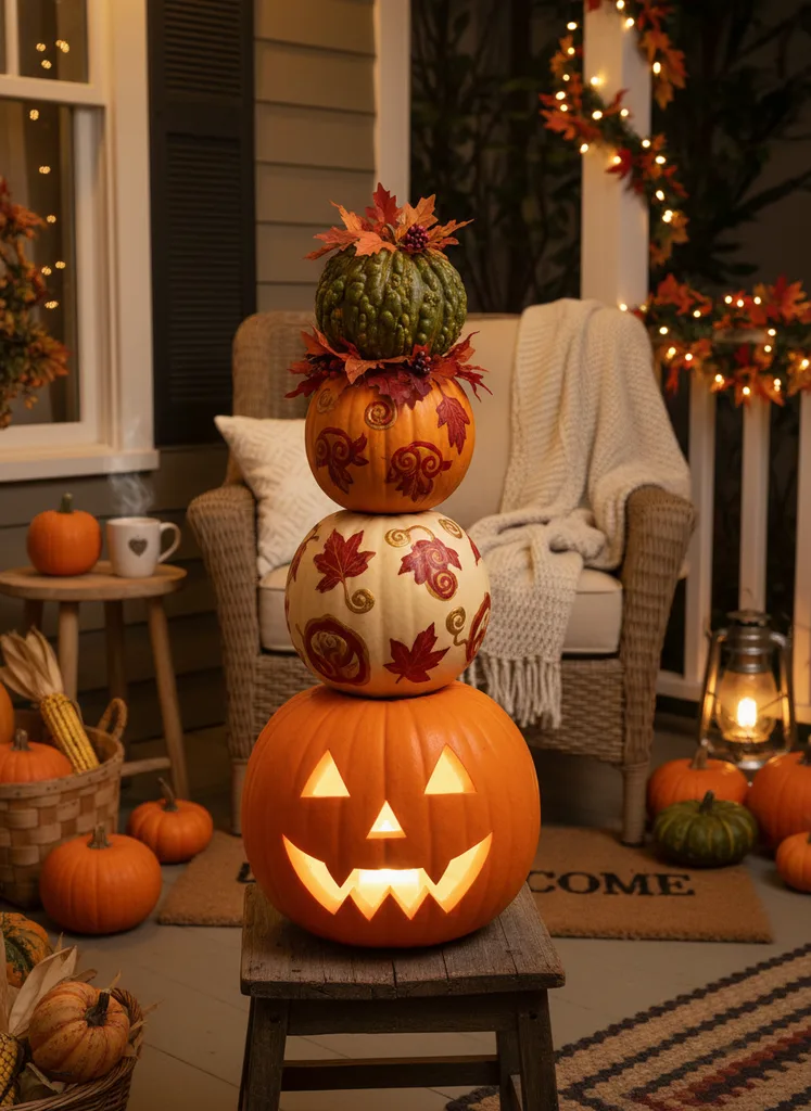 Cozy porch with stacked pumpkin topiary