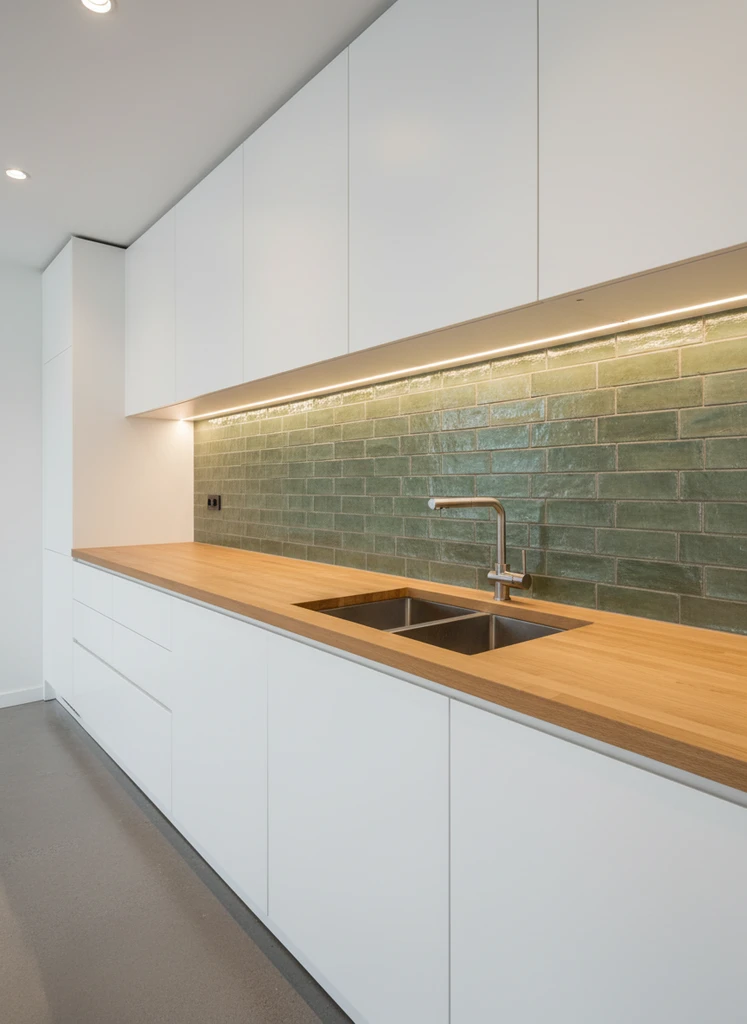 Modern kitchen with earthy Green ceramic tile backsplash