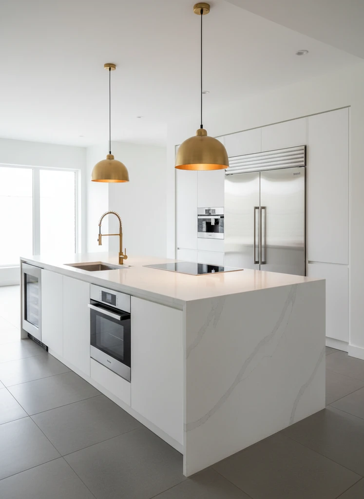 Modern kitchen island with Brass pendant lights and Quartz countertops