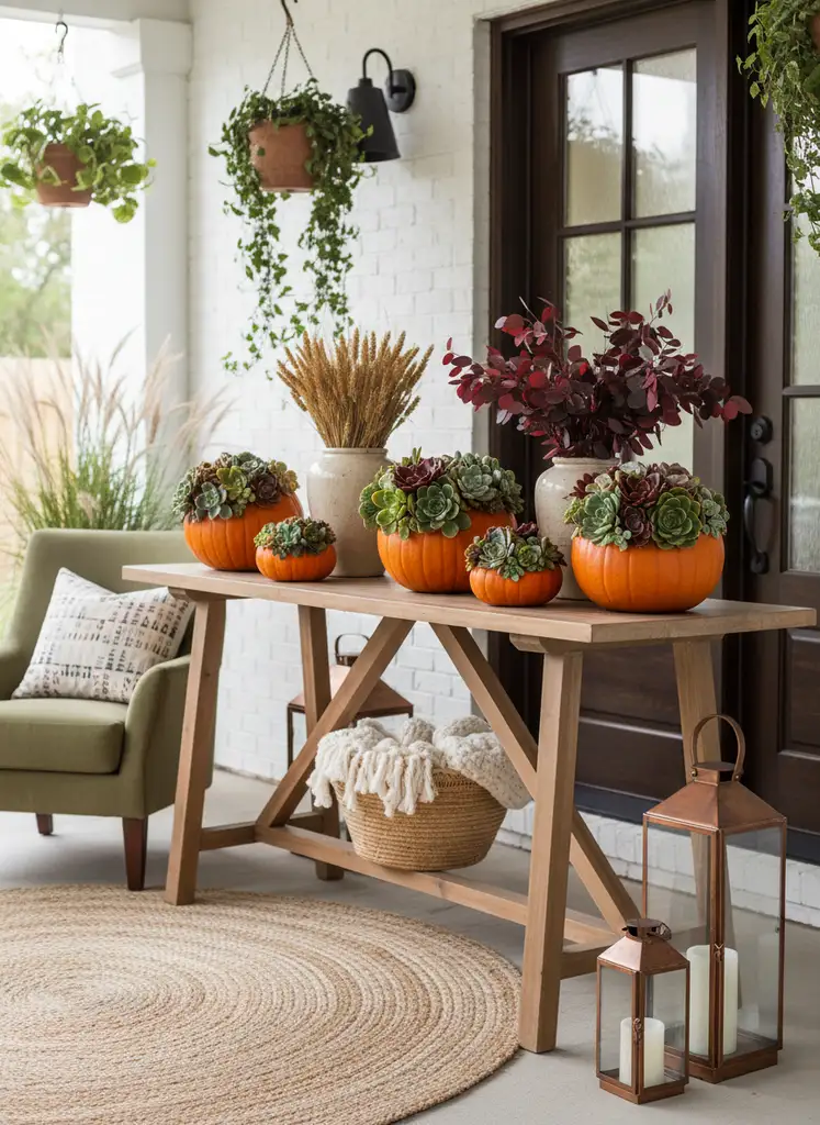 Chic porch with pumpkins adorned with live succulents