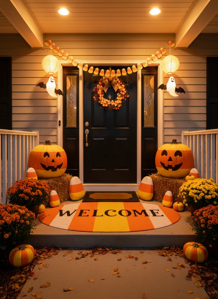 Bright Halloween porch with candy corn welcome mat and themed decorations