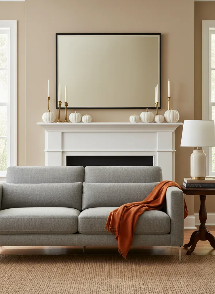 Transitional fall mantel with modern mirror and white pumpkins