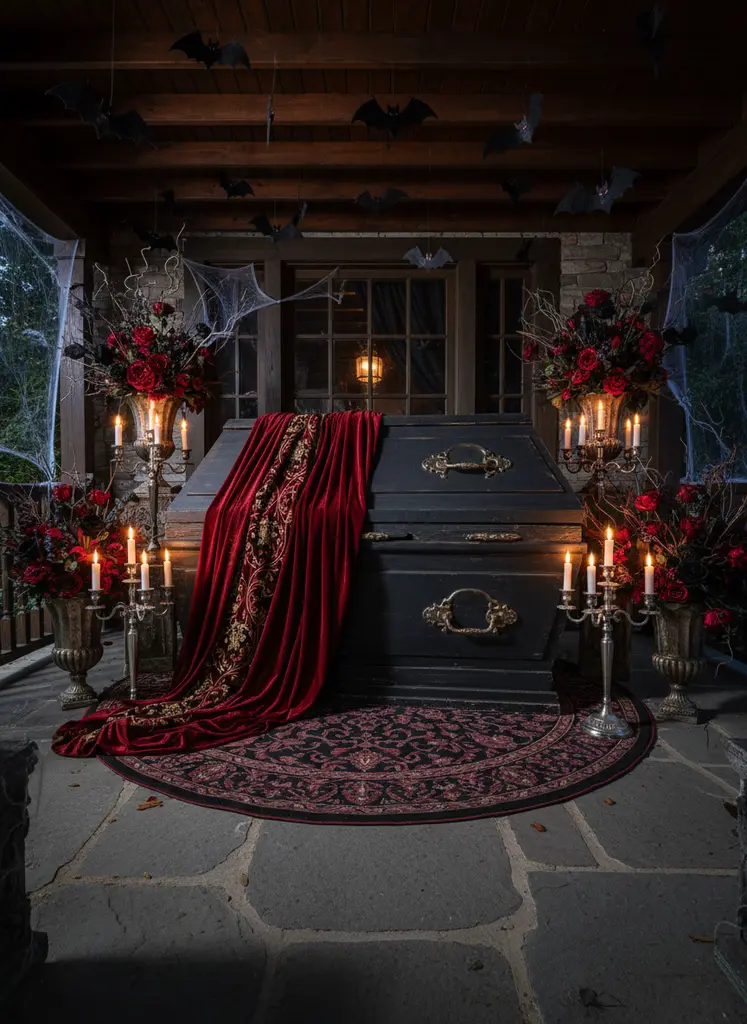 Vampire's crypt porch decor with coffin, velvet, candelabras, and bats