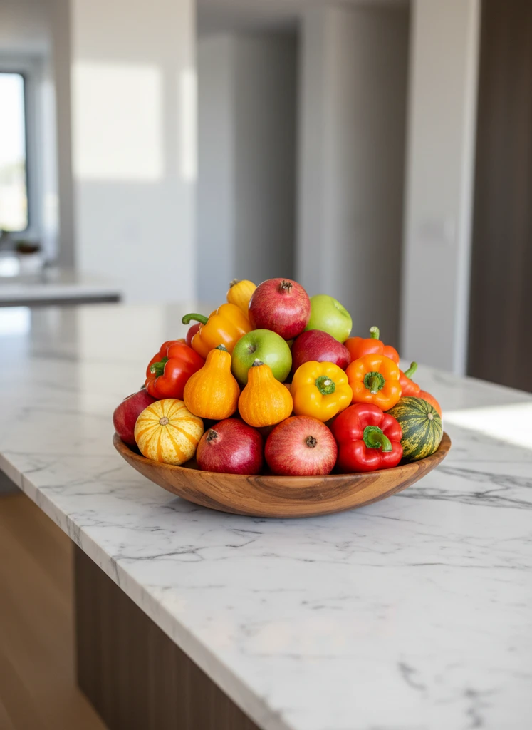 Wooden bowl filled with vibrant fall fruits and vegetables