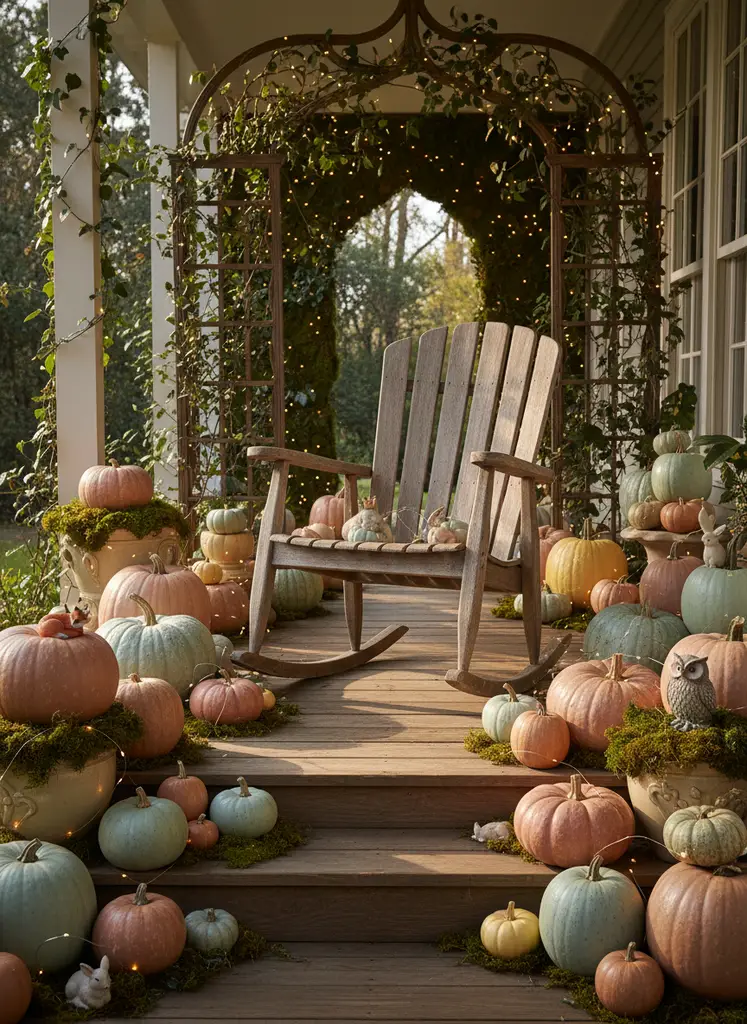 Whimsical porch with pastel pumpkins and fairy lights