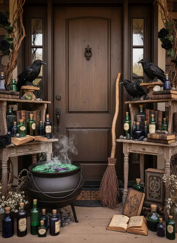 Witch's lair porch decor with cauldron, broom, potion bottles, and raven figures