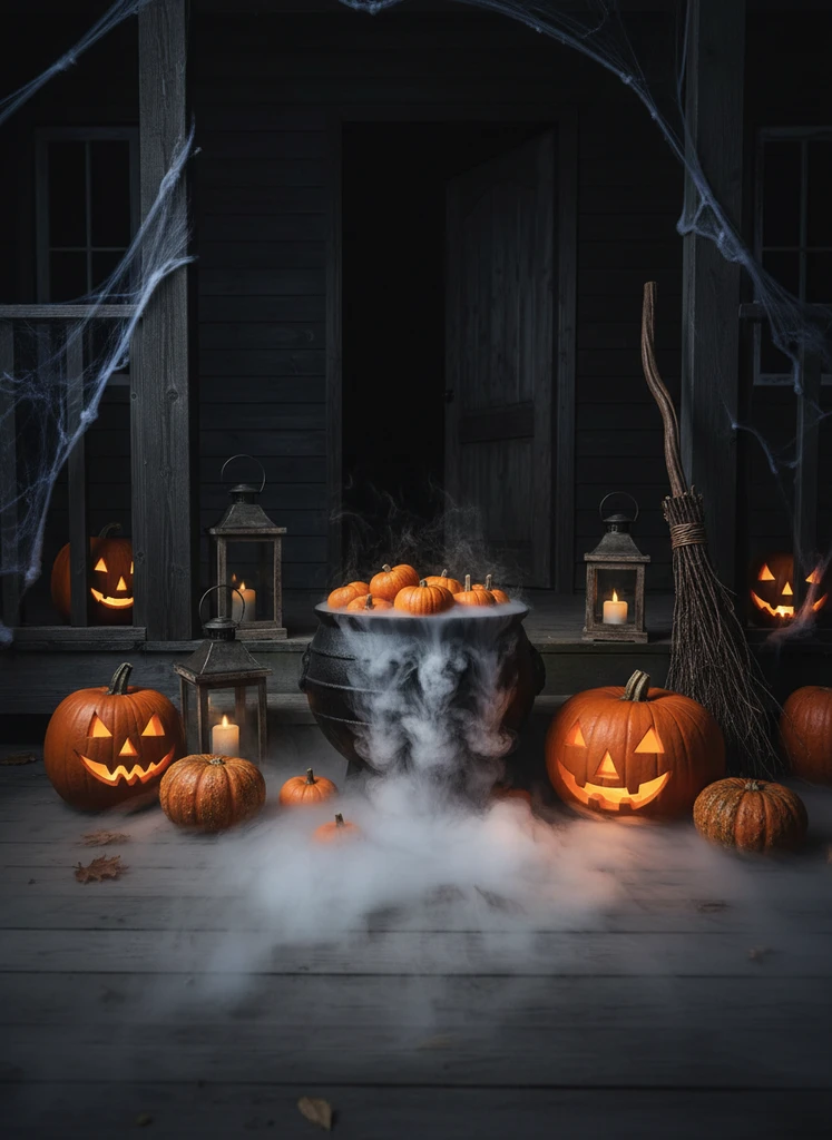 Spooky porch with a cauldron full of pumpkins and fog